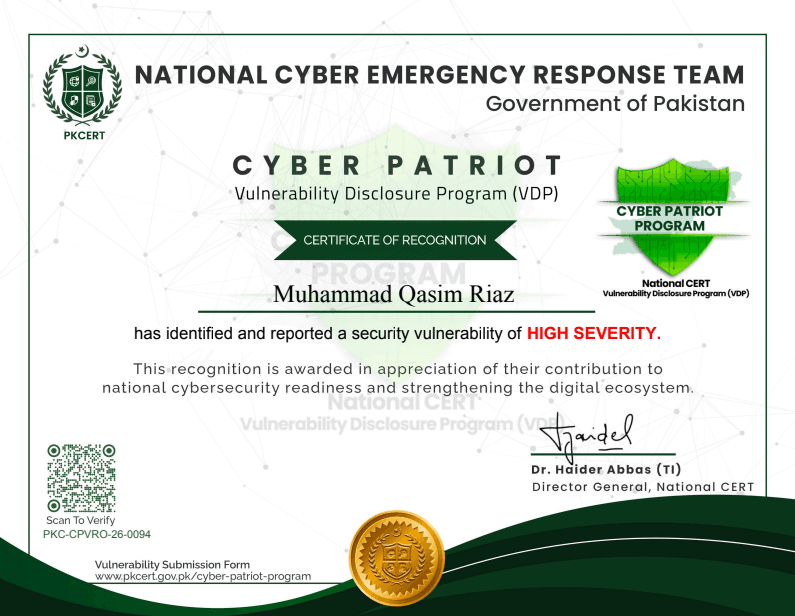 PKCERT Cyber Patriot certificate of recognition for Muhammad Qasim Riaz